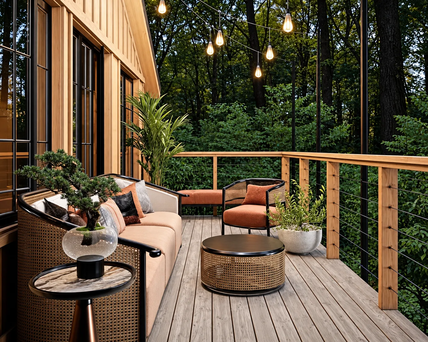 Wooden deck porch with seating and string lights