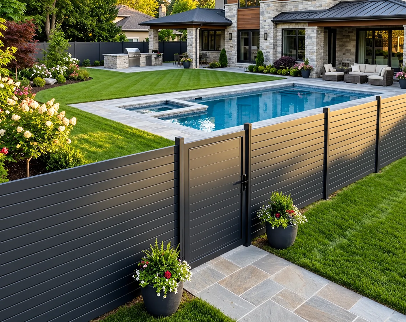Dark composite privacy fence with gate
