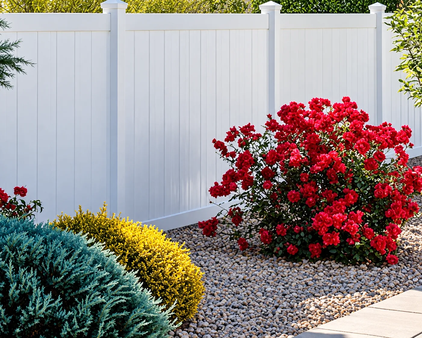 White vinyl privacy fence behind garden planting