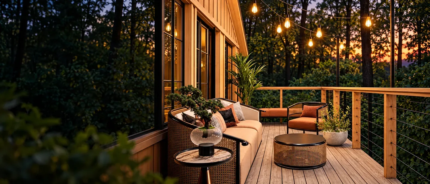 Warmly lit deck outdoor living space