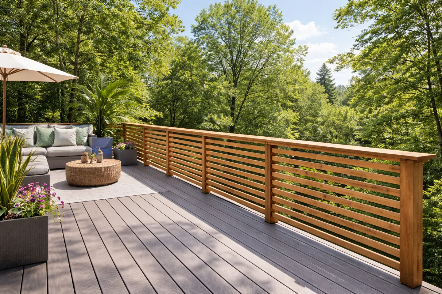 Horizontal wood railing enclosing a deck